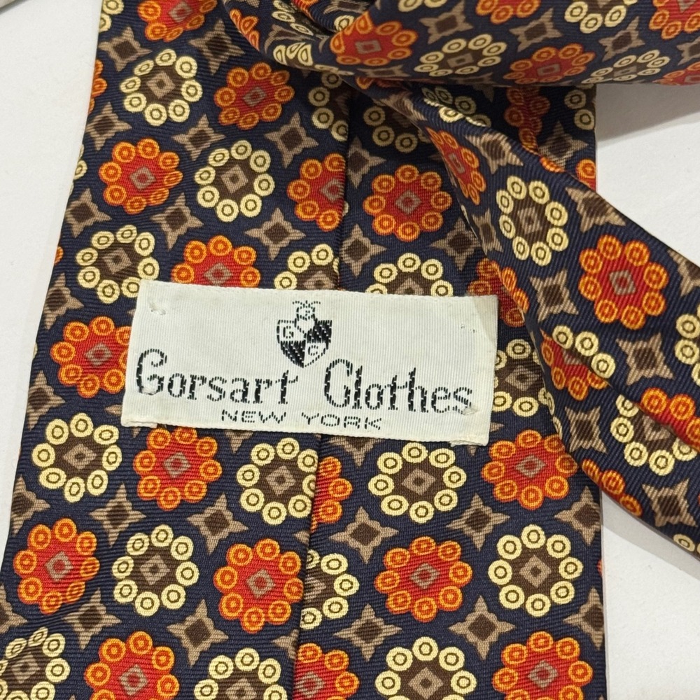 Gorsart‎ Clothes Silk Tie Mens OS Navy Orange Ornate Geometric Medallion Formal - Picture 4 of 7